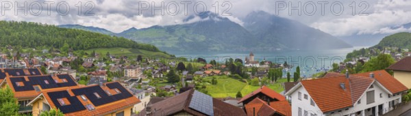 Spiez Switzerland, panorama city skyline at Lake Thun (Thunersee)