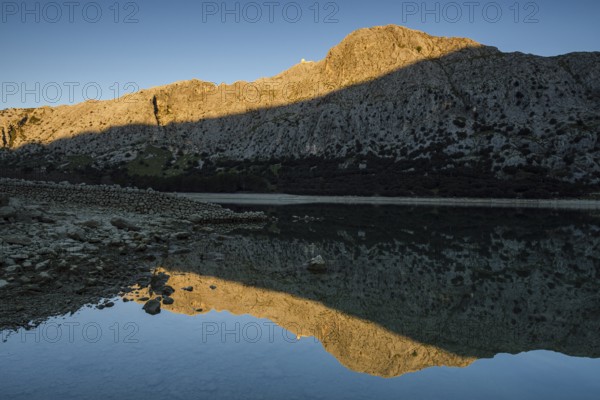 Gorg Blau reservoir, sunrise lighting, Puig de Ses Vinyes and Puig Major, Escorca, Majorca, Balearic Islands, Spain, Europe