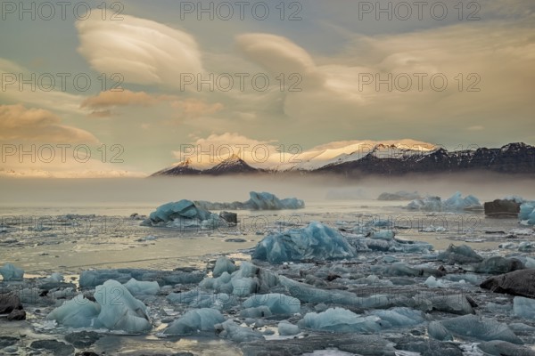 Sunrise in Jokulsarlon glacier lagoon in Vatnajokull National Park, Iceland, Europe