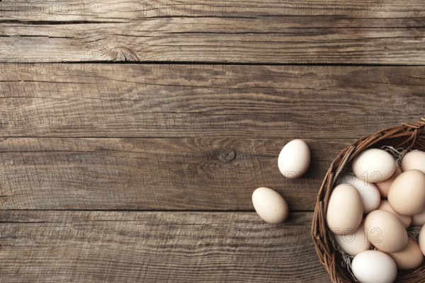 Organic chicken eggs in basket on wooden background. Organic household concept with eggs from free-range and pasture raised hens