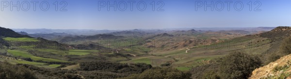 Panorama landscape view of the Tigrigra Plain and Ito Scenic Viewpoint in northern Morocco in the springtime