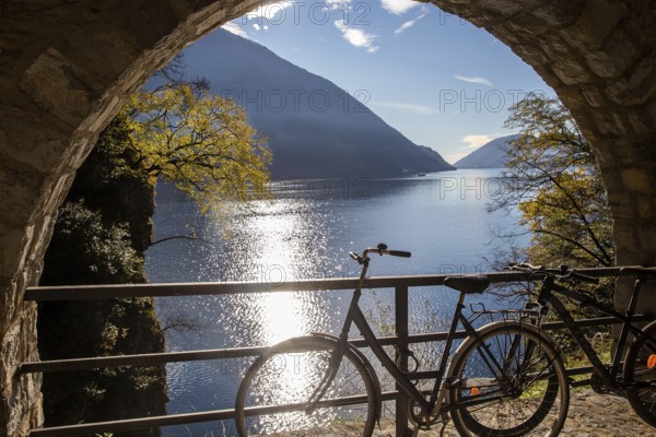 Part of the Olive Trail. Bicycle fixed on a path and yellow autumn trees behind and a pleasure boat floating in the wate? of Lugano lake