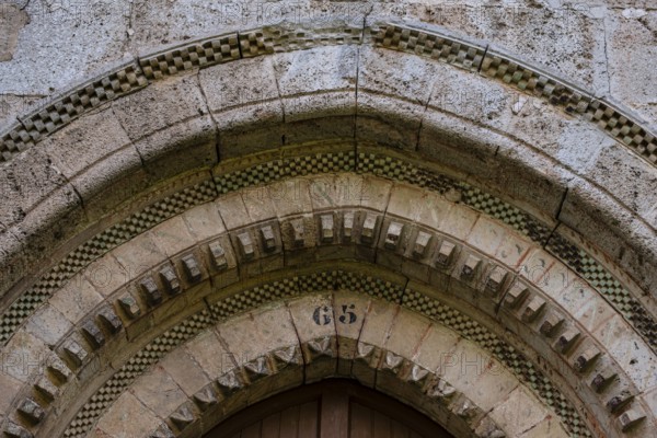 Ornamental entrance, Hermitage of Nuestra Señora del Valle, Romanesque ogival temple of Byzantine influence, XII century, Burgos, Spain, Europe