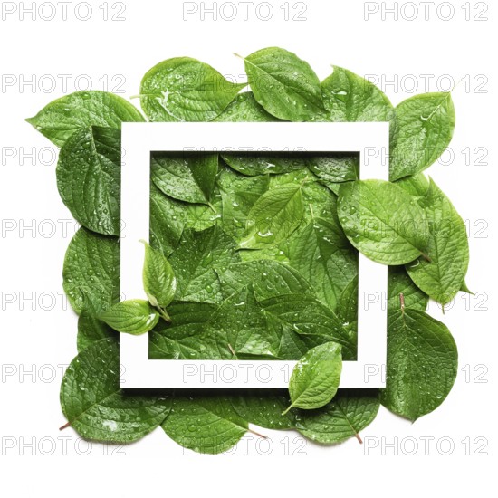 White frame on green leaf in raindrops. Sustainable flat lay, Plastic free concept