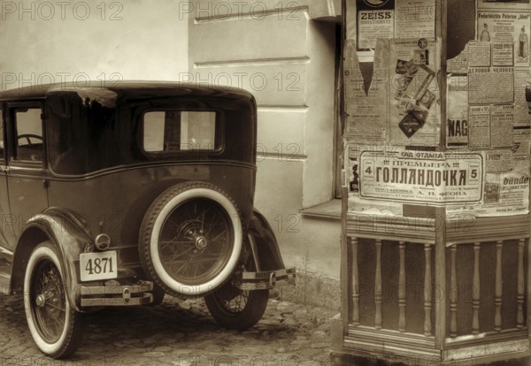 Like an old times scene- this photos shows a row of historical cars of the 30s-40s, shot in St. Petersburg, Russia, Europe