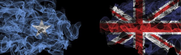 Flags of Somalia and United Kingdom on Black background, Somalia vs United Kingdom Smoke Flags
