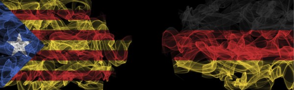 Flags of Catalonia and Germany on Black background, Catalonia vs Germany Smoke Flags