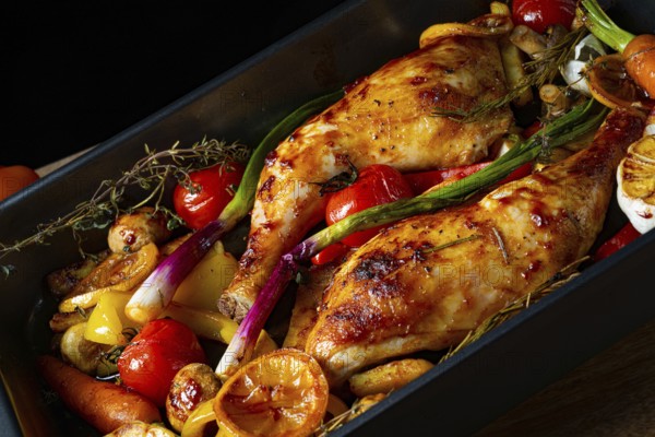 Roasted chicken legs with various vegetables