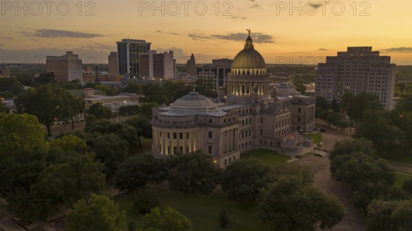 Building lights just came on Aerial view of the Mississippi State Capital building