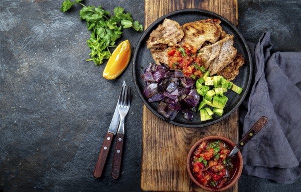 Food, Food, Yucatan Mexican Food Pork POC CHUC poc chuck. Pork marinaded in orange juice served with avocado, purple onion and rustic tomato sauce