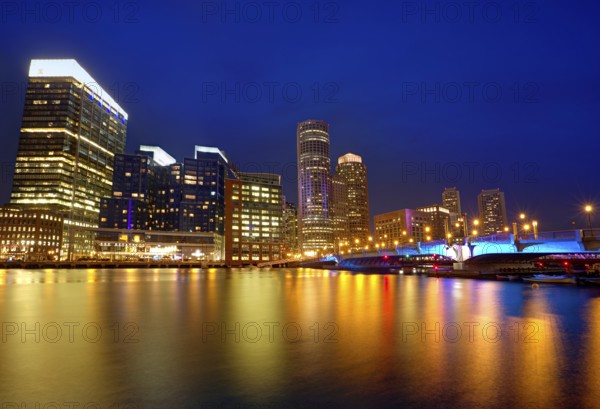 Boston sunset skyline from Fan Pier in Massachusetts USA