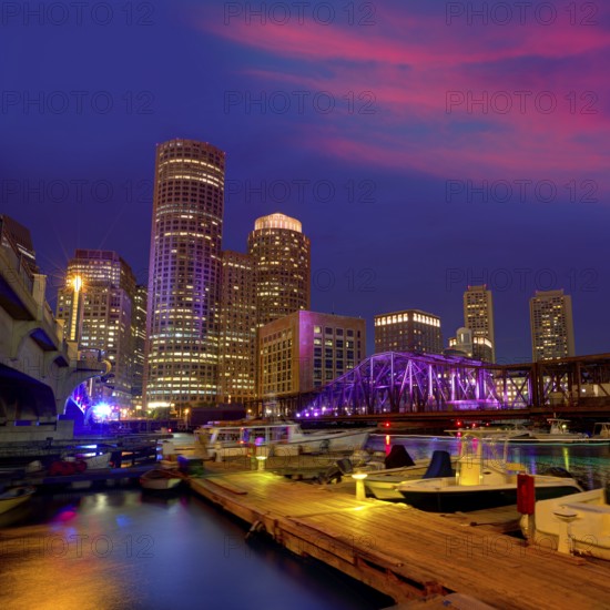 Boston sunset skyline from Fan Pier in Massachusetts USA