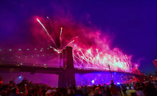 July 4th 2014 fireworks at Brooklyn bridge Manhattan skyline New York USA