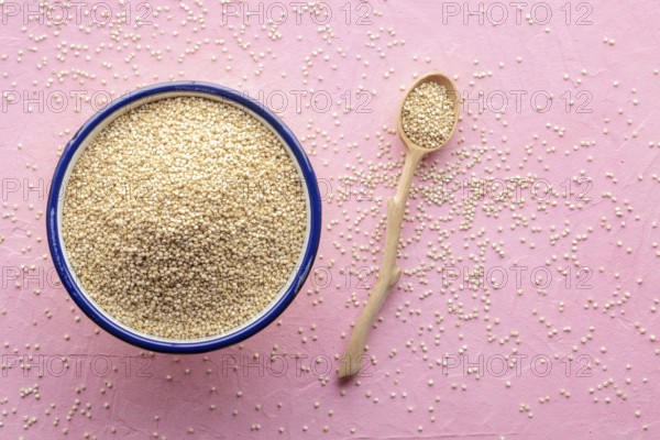 Quinoa in a bowl, healthy organic wood, uncooked, shot from above with copy space, Food photography, Food photography
