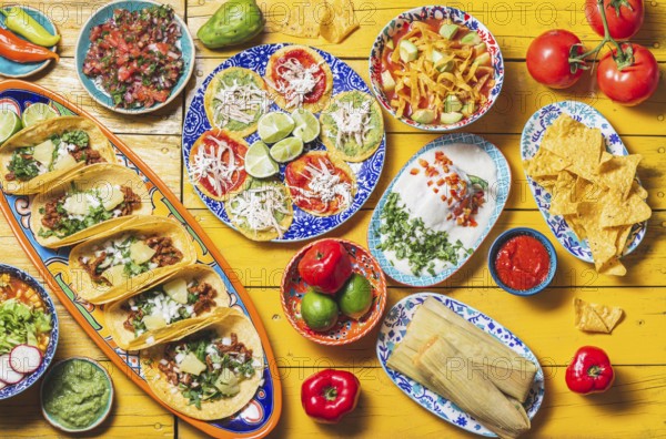 Food, Mexican festive food for independence day, independencia chiles en nogada, tacos al pastor, chalupas pozole, tamales, chicken with mole poblano sauce. Yellow background