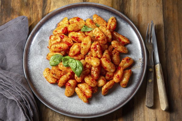 Food, Food, Traditional Italian potato Gnocchi with tomato sauce and fresh basil on blue plate on wooden background