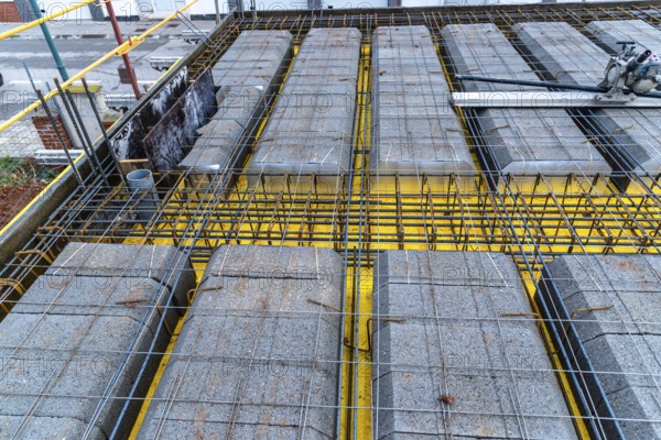 Detail of reinforced concrete slab with lightweight concrete blocks under construction