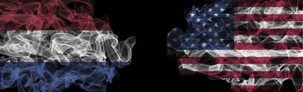 Flags of Netherlands and USA on Black background, Netherlands vs USA Smoke Flags