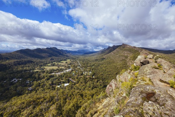 Iconic views from Chatauqua Peak over Halls Gap and surrounds on a warm autumn sunny day in Victoria, Australia, Oceania