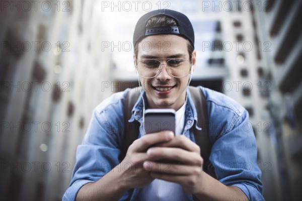 Man Sitting Listening Music Earphones Concept. Cheerful young guy listening the music