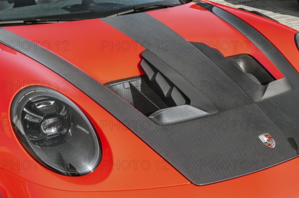 Bonnet, Red Porsche GT3 RS, Porsche Centre Allgäu on the Volkswagen-Seitz site, Kempten, Allgäu, Swabia, Bavaria, Germany, Europe