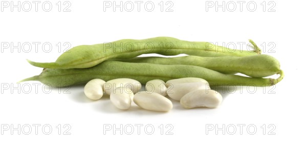 Young bean pods and beans isolated on white background close up
