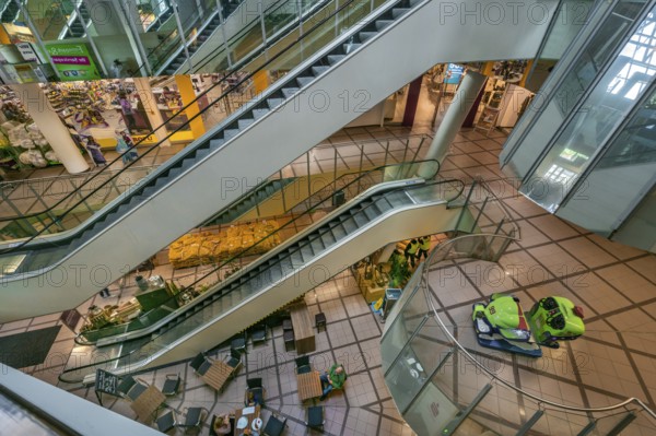Shopping centre, the Fenepark, entrance area with escalators, Kempten, Allgäu, Bavaria, Germany, Europe