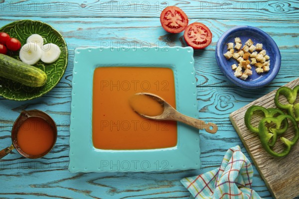 Gazpacho andaluz is a fresh tomato soup and vegetables of Andalusian Spain