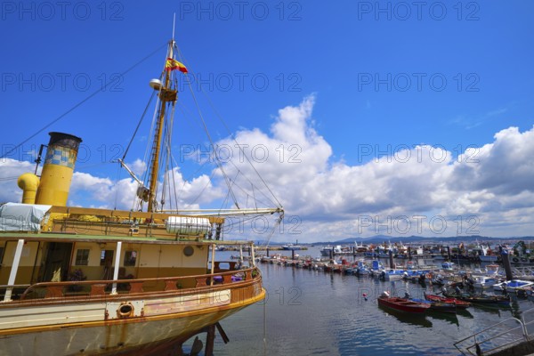 O Grove Ogrove port with fishing boats of Arosa river in Pontevedra of Galicia Spain