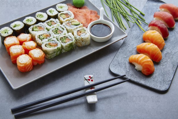 Sushi Maki and Niguiri California roll soy sauce and wasabi