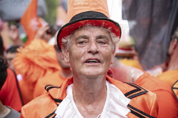 06.07.2024, Berlin, Germany, Europe, portrait of a fan of the Dutch national football team at a fan walk in front of the quarter-final match against Turkey during the European Football Championship UEFA EURO 2024, Europe