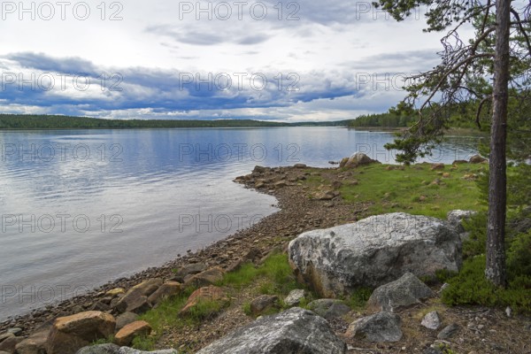 The shore of the White Sea. The littoral zone is almost completely flooded with water. Kandalaksha Gulf, Karelia, Russia, end of June, Europe
