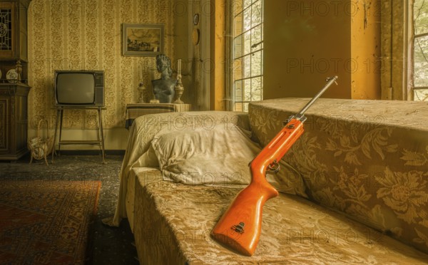 A nostalgic bedroom with a retro TV and a rifle on the sofa, Maison Limmi, Lost Place, Kalken, Laarne, Province of East Flanders, Belgium, Europe