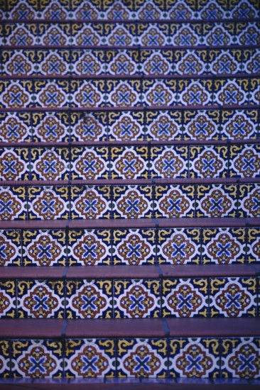 The steps of a staircase decorated with colourful oriental patterned tiles
