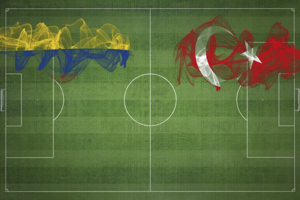 Colombia vs Turkey Soccer Match, national colors, national flags, soccer field, football game, Competition concept, Copy space