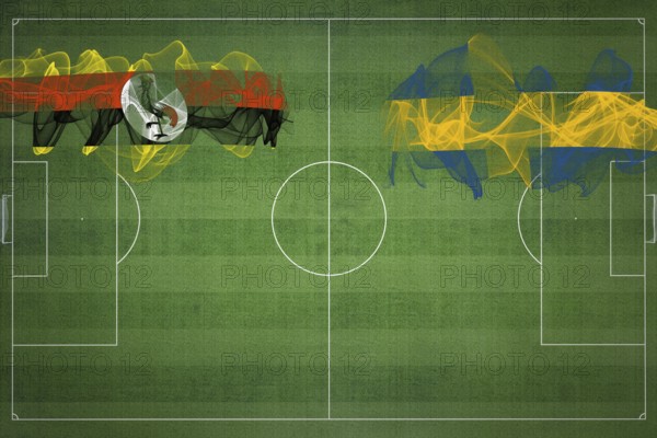 Uganda vs Sweden Soccer Match, national colors, national flags, soccer field, football game, Competition concept, Copy space