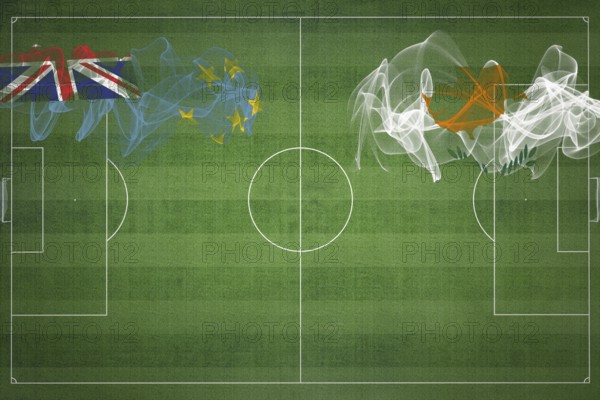 Tuvalu vs Cyprus Soccer Match, national colors, national flags, soccer field, football game, Competition concept, Copy space