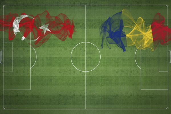 Turkey vs Romania Soccer Match, national colors, national flags, soccer field, football game, Competition concept, Copy space