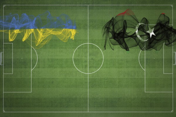 Ukraine vs Libya Soccer Match, national colors, national flags, soccer field, football game, Competition concept, Copy space
