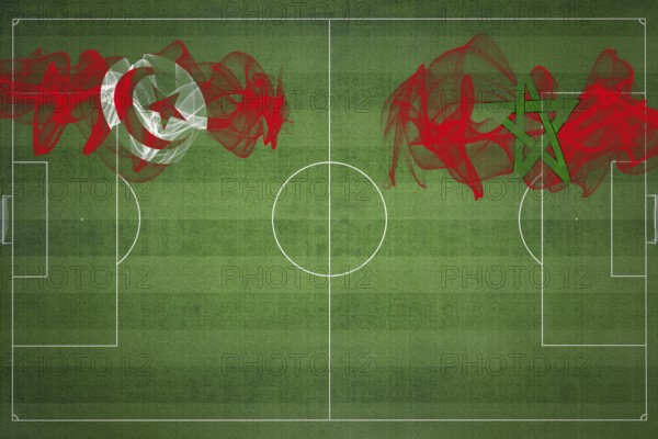 Tunisia vs Morocco Soccer Match, national colors, national flags, soccer field, football game, Competition concept, Copy space