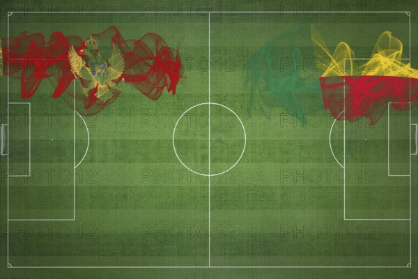 Montenegro vs Benin Soccer Match, national colors, national flags, soccer field, football game, Competition concept, Copy space