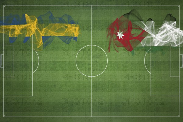 Sweden vs Jordan Soccer Match, national colors, national flags, soccer field, football game, Competition concept, Copy space