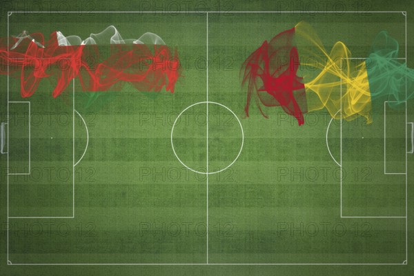 Oman vs Guinea Soccer Match, national colors, national flags, soccer field, football game, Competition concept, Copy space