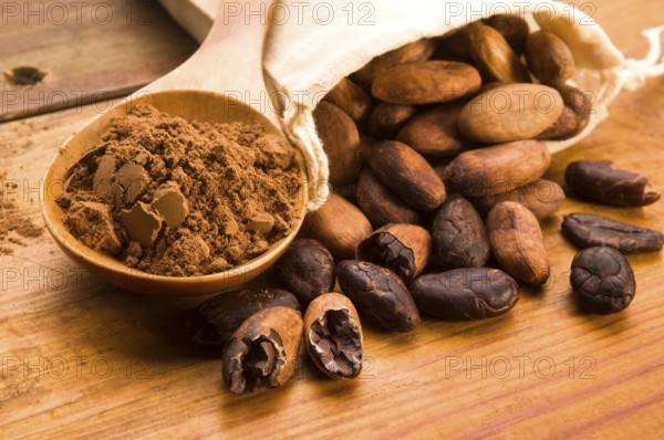 Cocoa (cacao) beans on natural wooden table, lodz, poland
