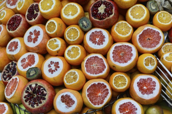Sliced fruits such as oranges, pomegranates and kiwis show their colourful inner structure, Istanbul, Istanbul Province, Turkey, Asia