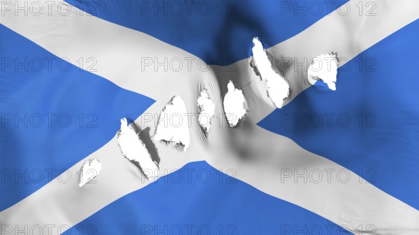 Scotland flag perforated, bullet holes, white background, 3d rendering