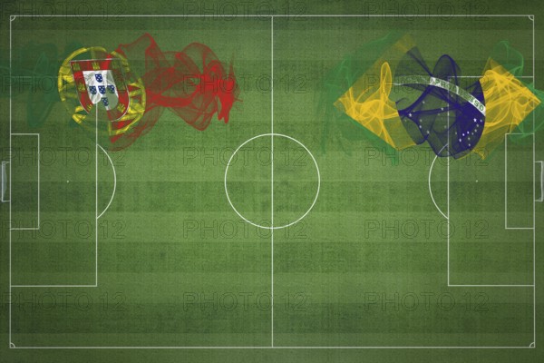 Portugal vs Brazil Soccer Match, national colors, national flags, soccer field, football game, Competition concept, Copy space