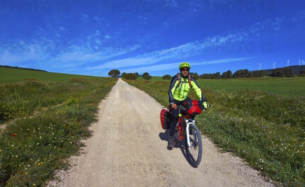 Biker by Camino de Santiago in bicycle at Saint James Way of Levante of Spain