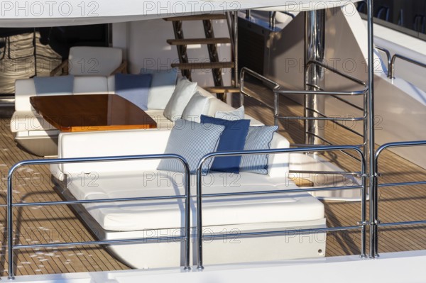 Luxury yacht. Comfortable expensive wooden design and furniture for holiday recreation tourism or travel and wealth concept