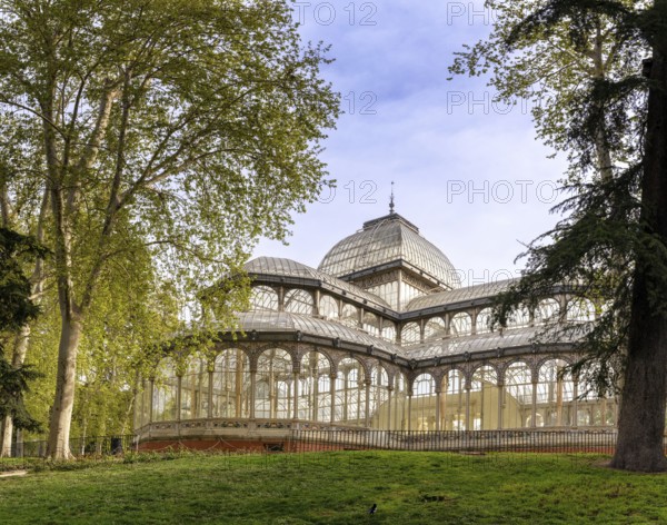 Madrid, Spain, 6 April, 2024: view of the Crystal Palace in the El Retiro Park in downtown Madrid, Europe